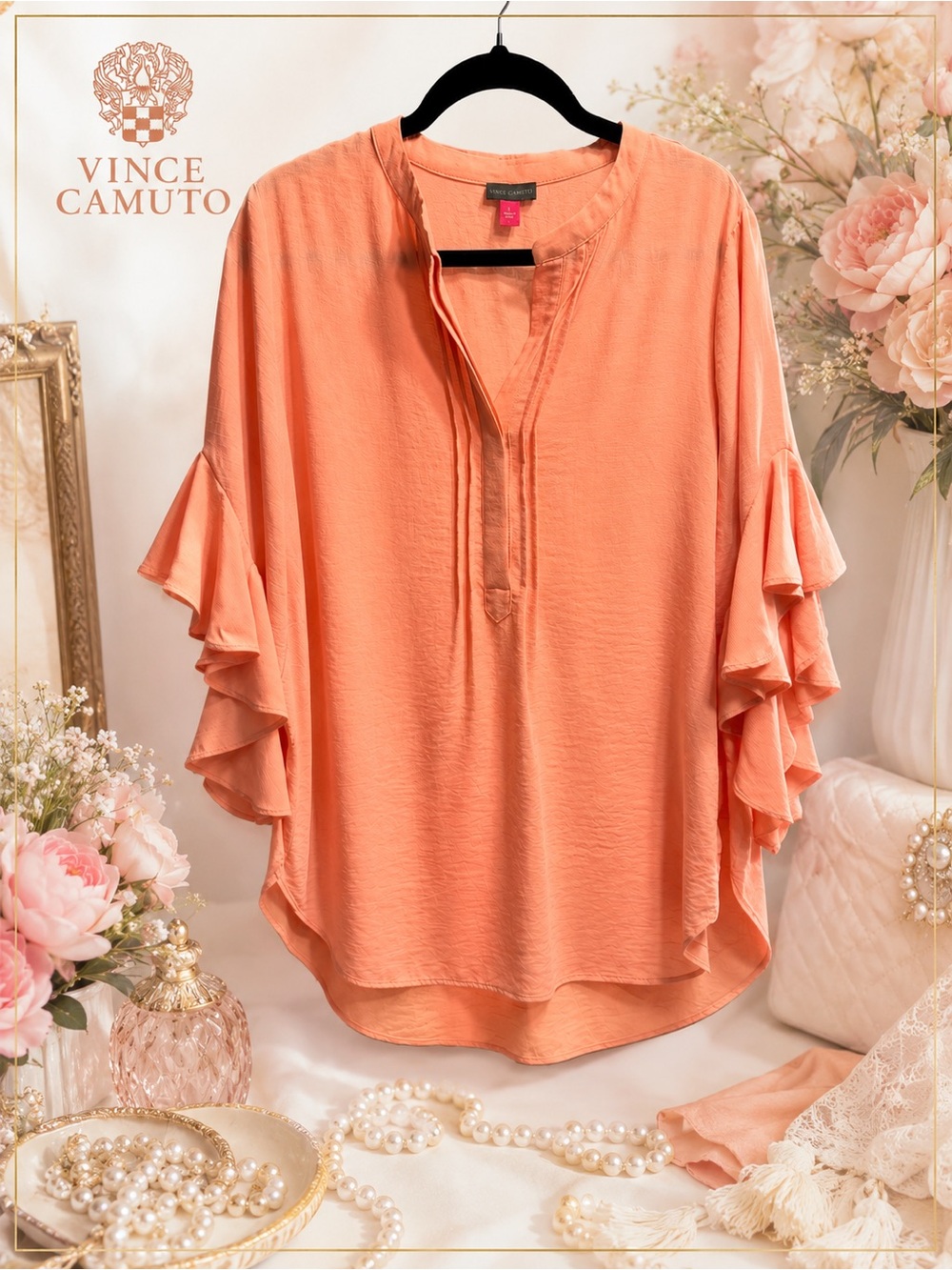 🩷 NWOT Vince Camuto Peach Flutter Sleeve Blouse – Size Large